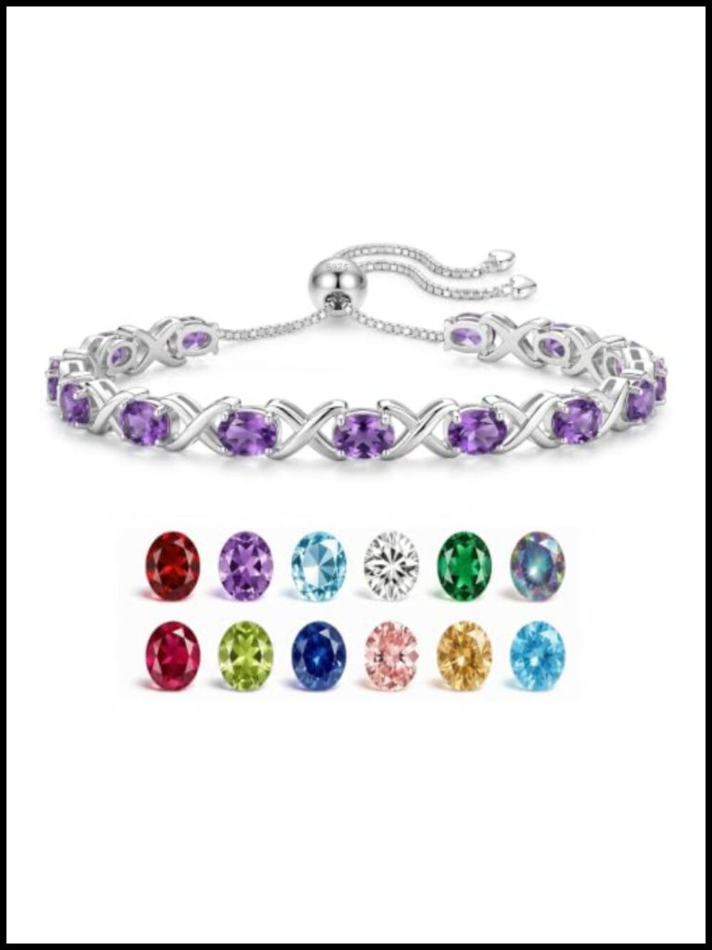 925 Sterling Silver Tennis Bracelet Birthstone Adjustable Chain